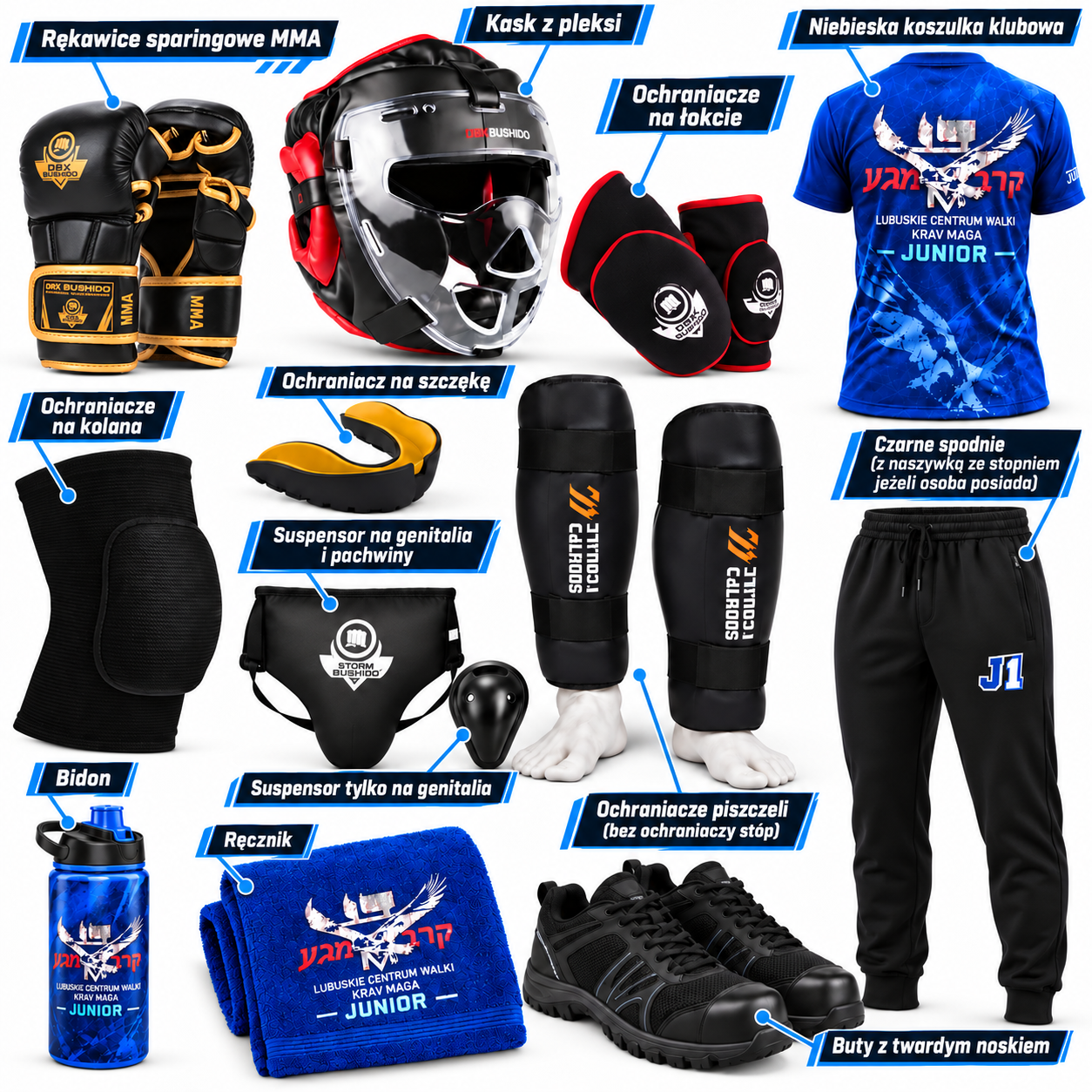 Komplet sprzętu i ubioru treningowego Krav Maga Junior: rękawice MMA, kask z pleksi, ochraniacze na łokcie, kolana i piszczele, suspensor, ochraniacz na szczękę, buty z twardym noskiem, niebieska koszulka klubowa, czarne spodnie z naszywką, bidon i ręcznik