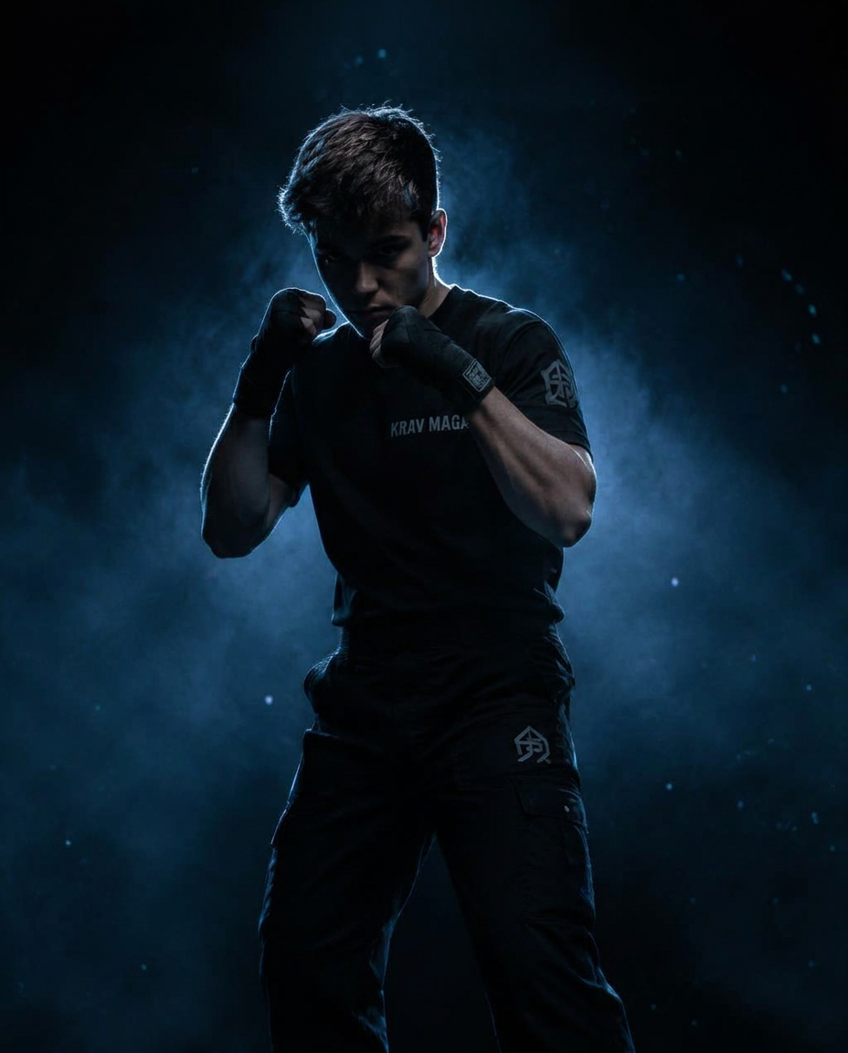 Uczestnik treningu Krav Maga w postawie obronnej